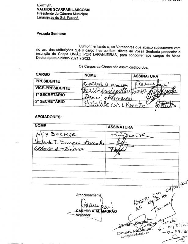 União por Laranjeiras é a primeira chapa inscrita para a Mesa Diretora